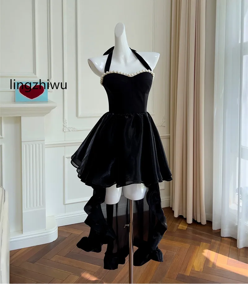 lingzhiwu Black Dress French Designer Halter Neck Pearls Strapless Vintage Star Brand Ladies Dresses New Arrive