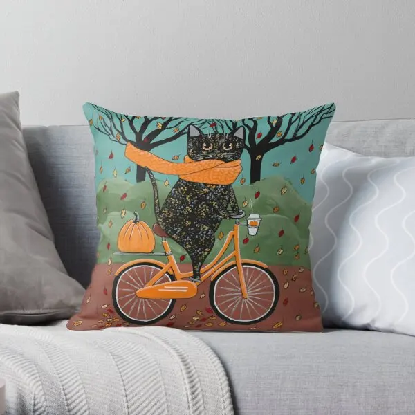 Tortie Autumn Bicycle Ride Cat  Printing Throw Pillow Cover Comfort Decorative Waist Soft Bedroom Pillows not include One Side