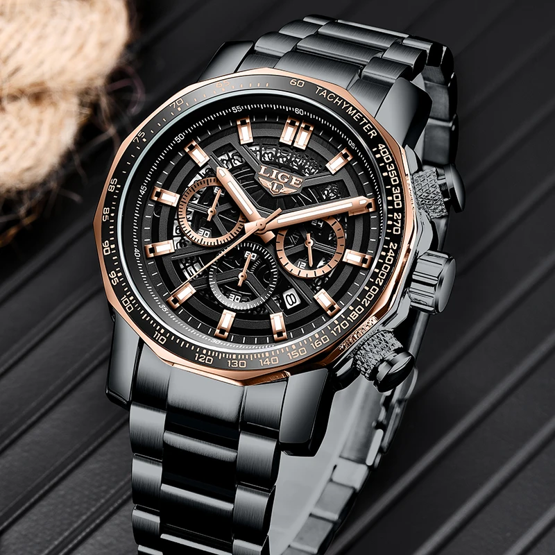 LIGE Top Brand Luxury Quartz Man Watch Fashion Simple Dial Casual Auto Date Waterproof Luminous Stainless Steel Watches Male+Box