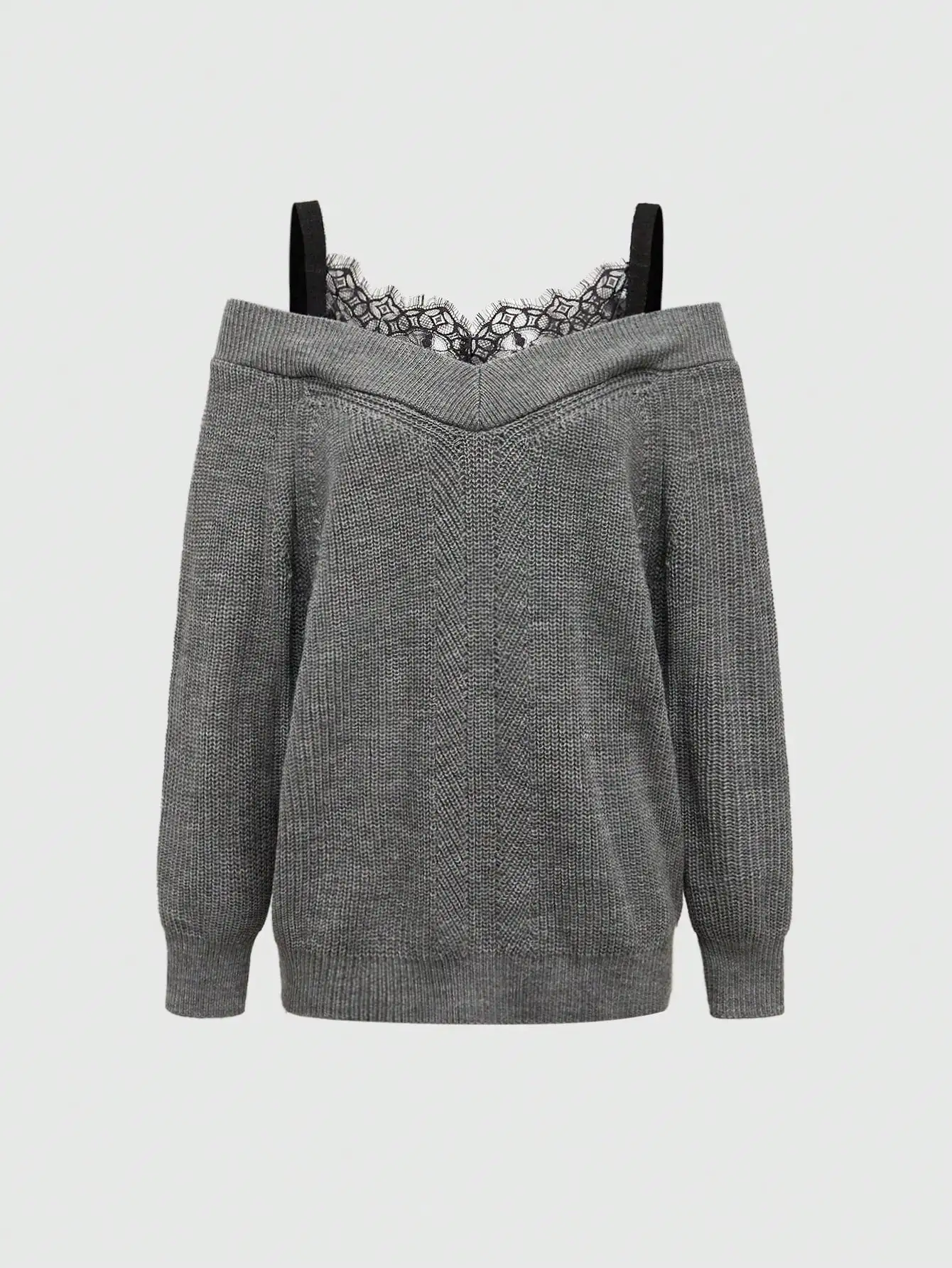 

Вязаный пуловер с открытыми плечами и кружевной отделкой для женщин, свободный крой, элегантный стиль