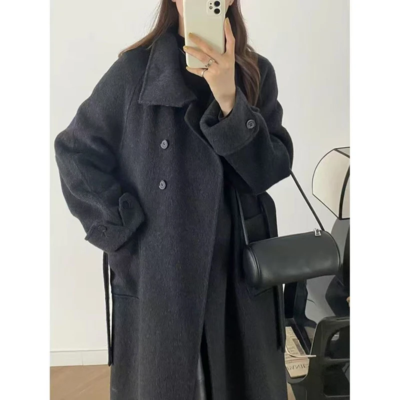 

Зимняя куртка 2025 года, женская длинная двусторонняя куртка из 100% шерсти, женское кашемировое пальто, однобортное модное пальто с воротником-стойкой и поясом