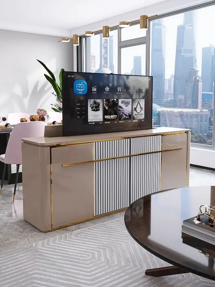 

lifting TV cabinet integrated hidden bedside TV cabinet Italian light luxury electric remote control