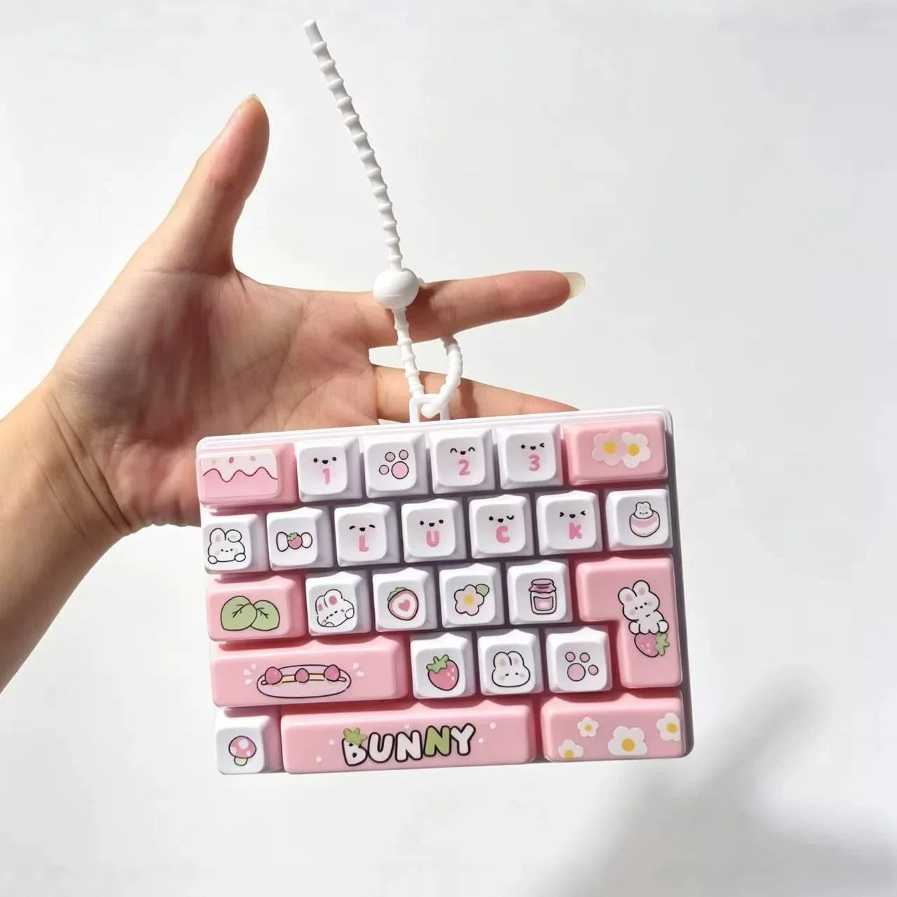 24 Keys Cartoon Bunny Strawberry Mini Fidget Toy Keyboard Keychain Finger Clicker Stress Relief Pendant Bag Hanging Ornament For