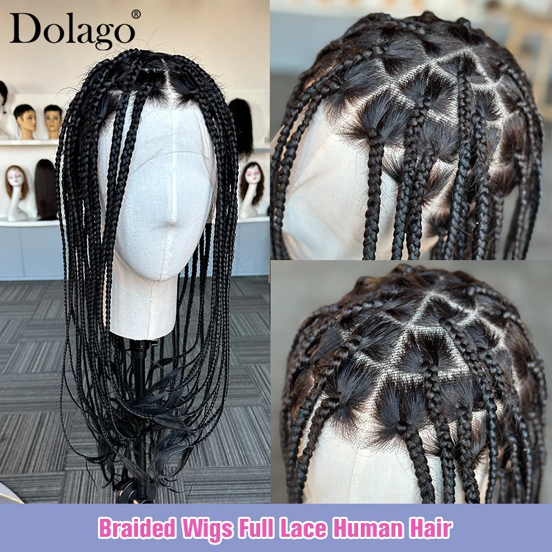 Medium Micro Knotless Braids Glueless Human Hair Full Lace Wigs Braided Wig For Black Women With Synthetic Bulk Braiding Hair