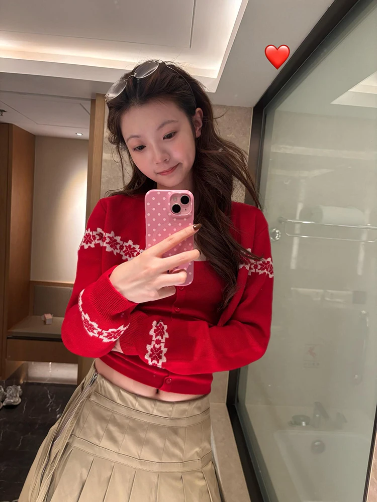 

Slim Fit Long Sve Knitted Cardigan Sweater Women's Sle Red Cisas Outfit Top Set Autumn Spicy Girl Faion Two Piece Set