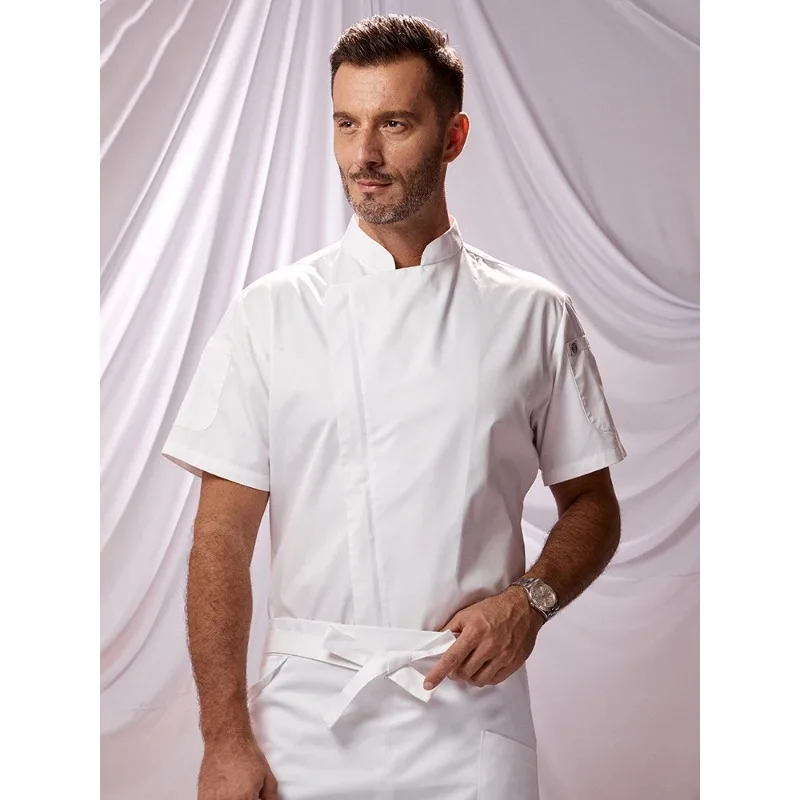 Short Sleeve Zipper Chef Uniform for Men, Light Breathable Hotel Restaurant Cook Overalls & Cafe Milk Tea Shop Waiter Jacket