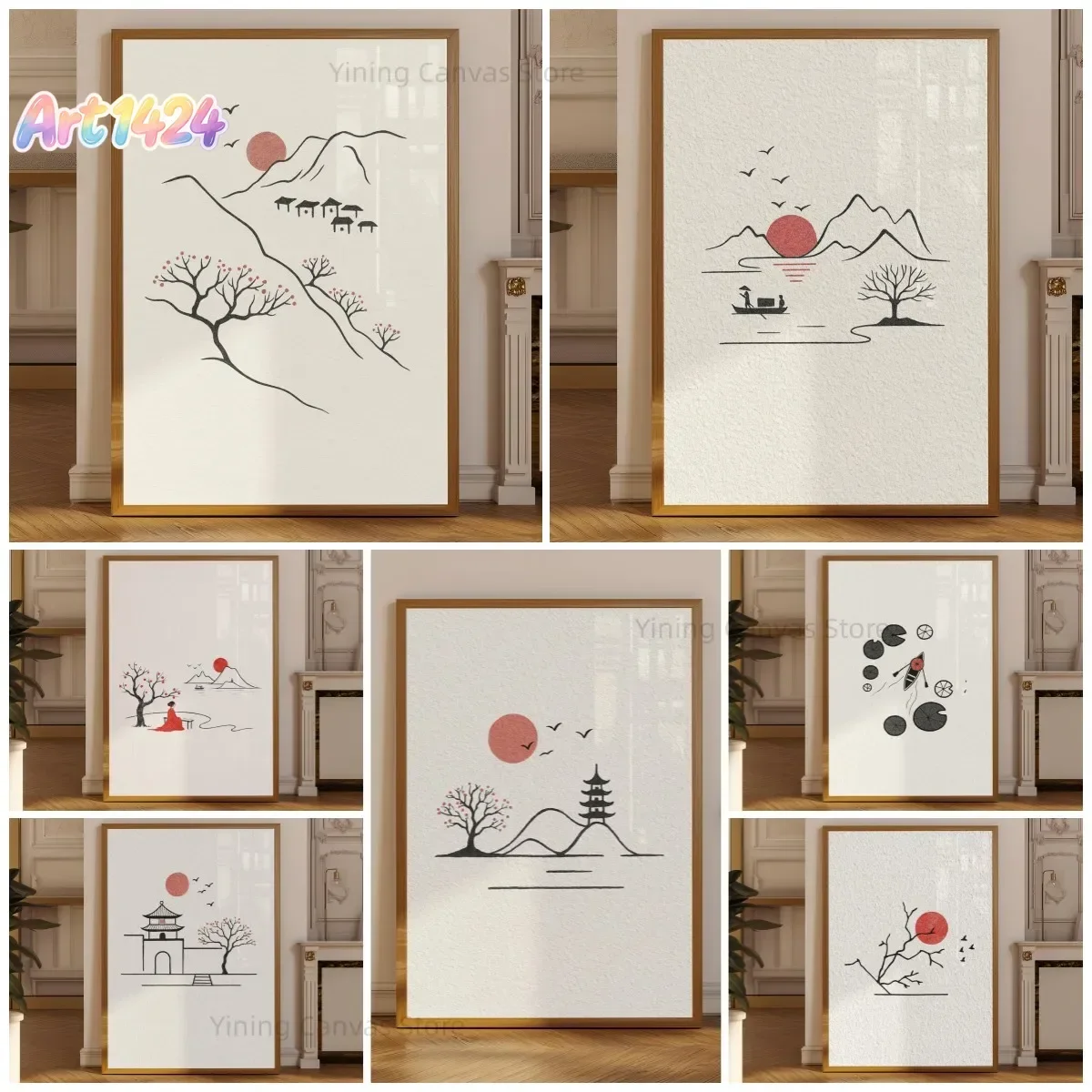 Minimalist Japanese Ink Poster, Red Sun Branch Line Art with Birds, Zen Wabi Sabi Japandi Wall Art Print, Modern Asian Decor