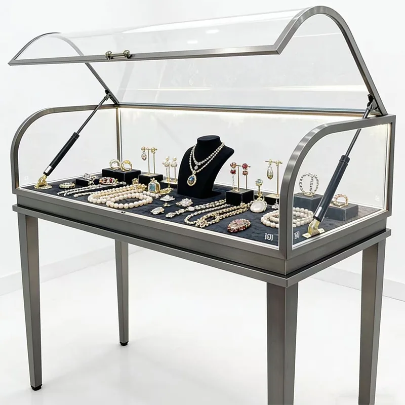 Stainless steel curved hydraulic cabinet titanium-plated jewelry cabinet display cabinet gold and silver jewelry glasses=