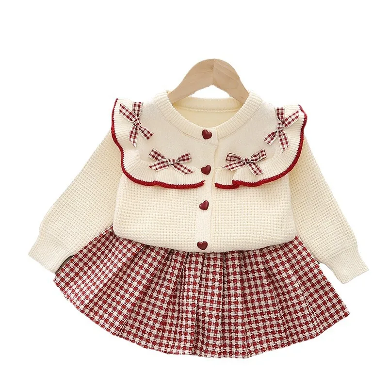 Autumn Winter Infant Girl 2PCS Clothes Set Love Button Bow Knitted Cardigan Full One Year Baby Girl Plaid Pleated Skirts Outfits