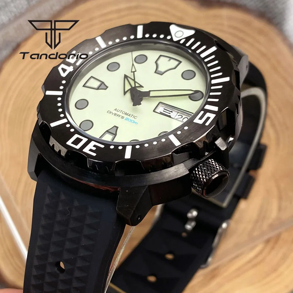 Tandorio Full Green Luminous Wristwatch NH36 Week Date 42mm Monster Black Case 20BAR Dive Automatic Men Watch AR Sapphire Glass