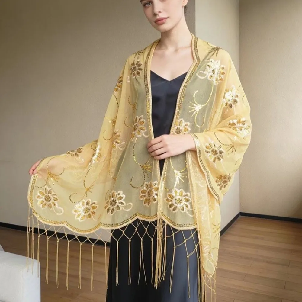 

Элегантные свадебные накидки с блестками и пайетками, вышитые кружевные сетчатые пелерины с бахромой и цветочным узором, длинные свадебные шали для невесты и подружек невесты