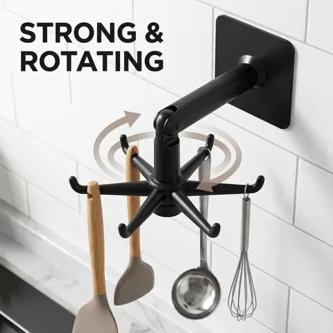 Self Adhesive Kitchen Utensil Hook 360 Degree Rotating Foldable Wall Hanger for Spoon Spatula Ladle Organizer Storage Rack Home