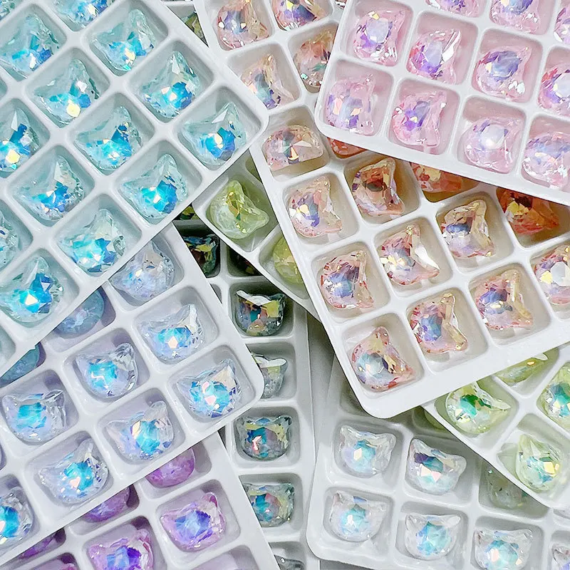 

288pcs Mixed Colors 8x9mm Cute Cat Rhinestone Shiny Nail Art Accessories Multiple Facet Iridescent Diamond Manicure Decoration