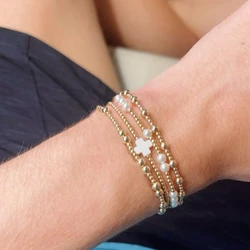 Vlen Trendy Stackable Cross Bracelet 18K Gold Plated Beads Shell Pearl Jewelry Gift Pulseras