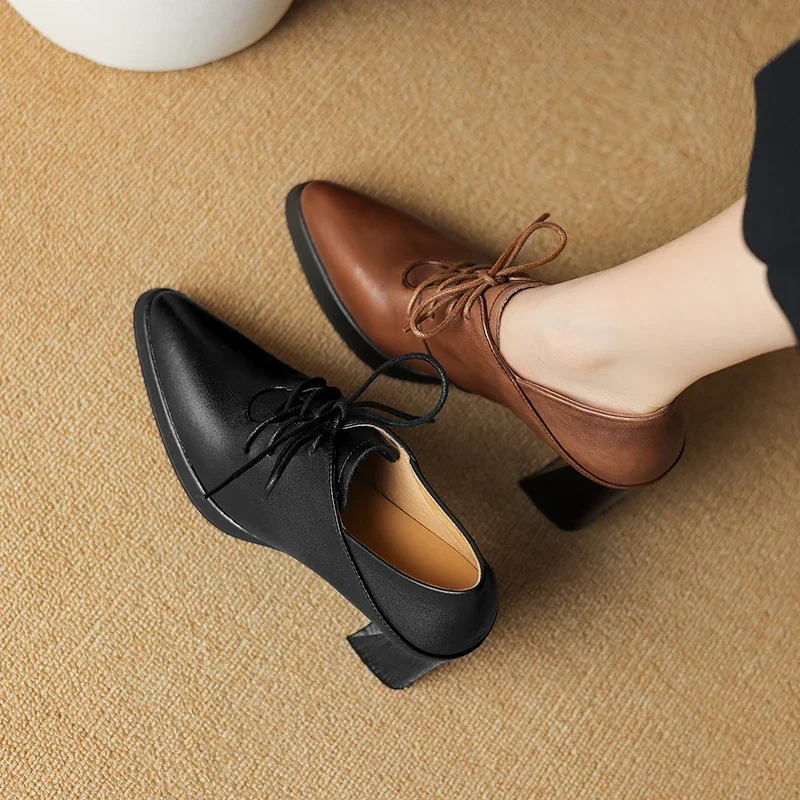 

2024 new Women pumps natural leather 22-25cm washed cowhide+pigskin full leather thick heel lace up Vintage women shoes