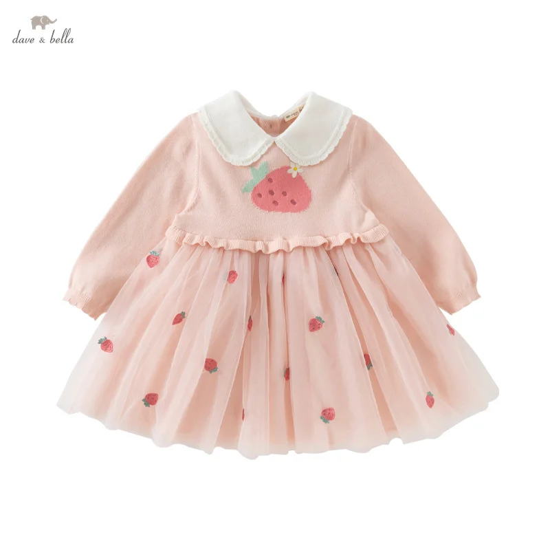 Dave Bella Princess Dress for Girls Baby Children 2025 Spring New Long Sleeved Sweet Strawberry Print Mesh Gentle Cute DB1250921