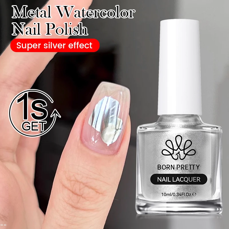 BORN PRETTY 10ml Silver Metallic Watercolor Nail Polish Clear Blossoming Spreading Effect Natural Air Dry Nail Art Paint Varnish