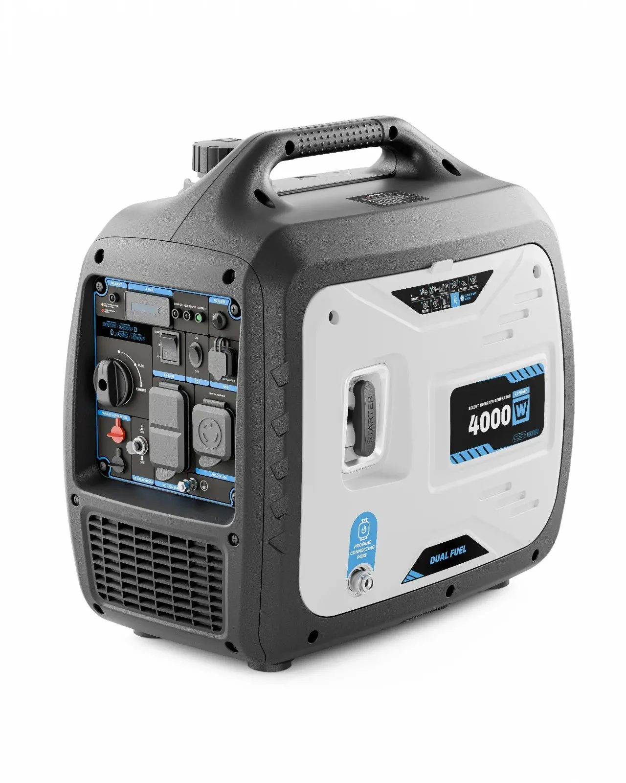 

Портативный инверторный генератор на 4000 Вт с двойным питанием (газ/электричество) и электрозапуском