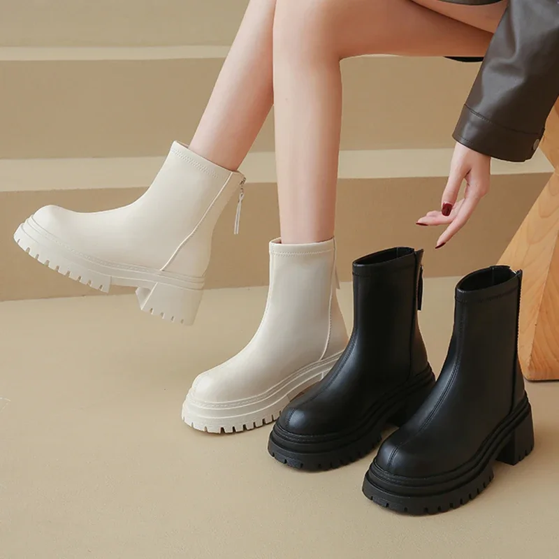 

2024, ботильоны на массивной платформе, женские модные ботинки из искусственной кожи с молнией сзади, женские осенне-зимние короткие ботильоны на толстой подошве Mujer
