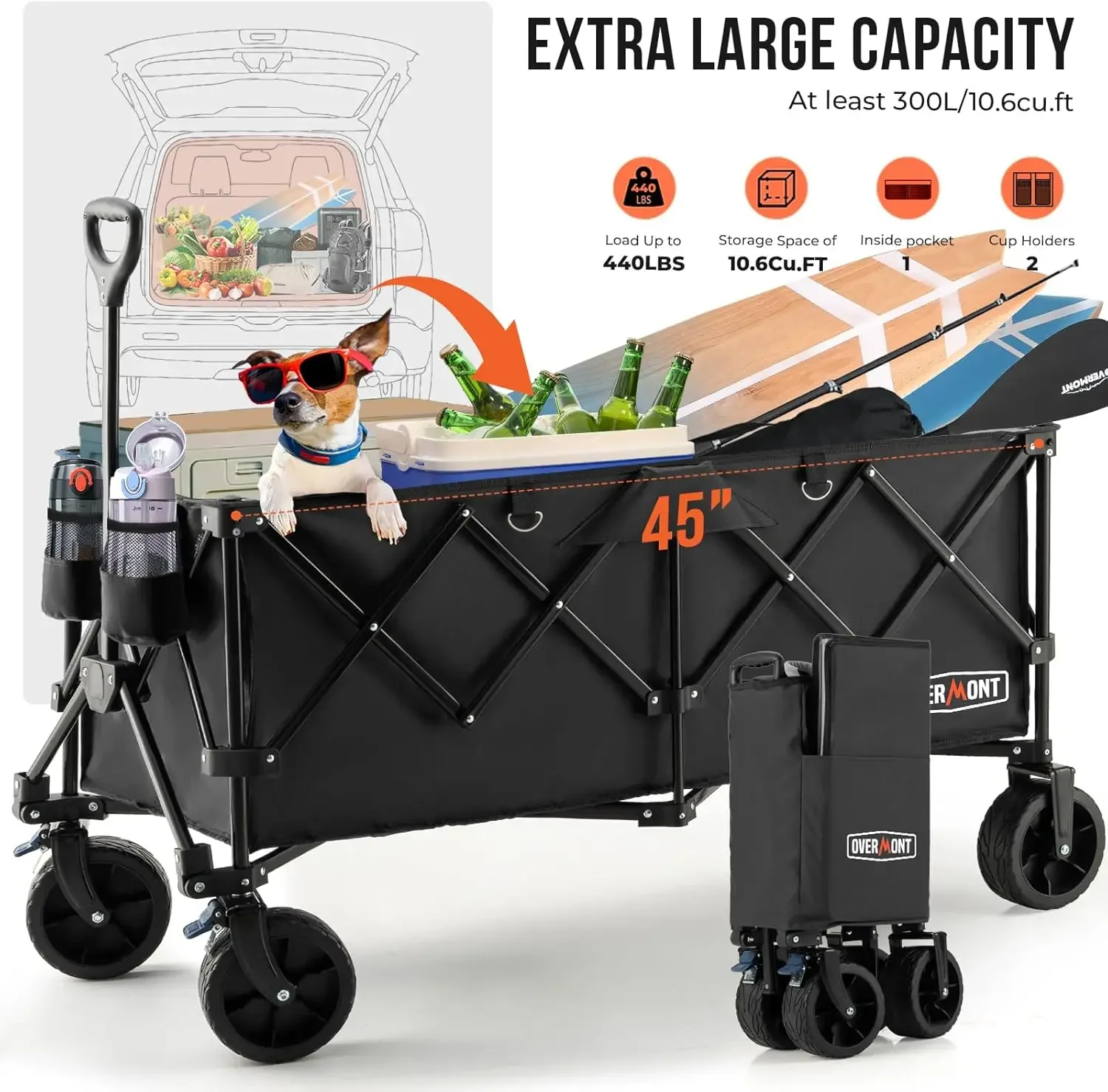 Carrito plegable de gran capacidad, carrito de 45 pulgadas, capacidad de hasta 300L, 440 libras