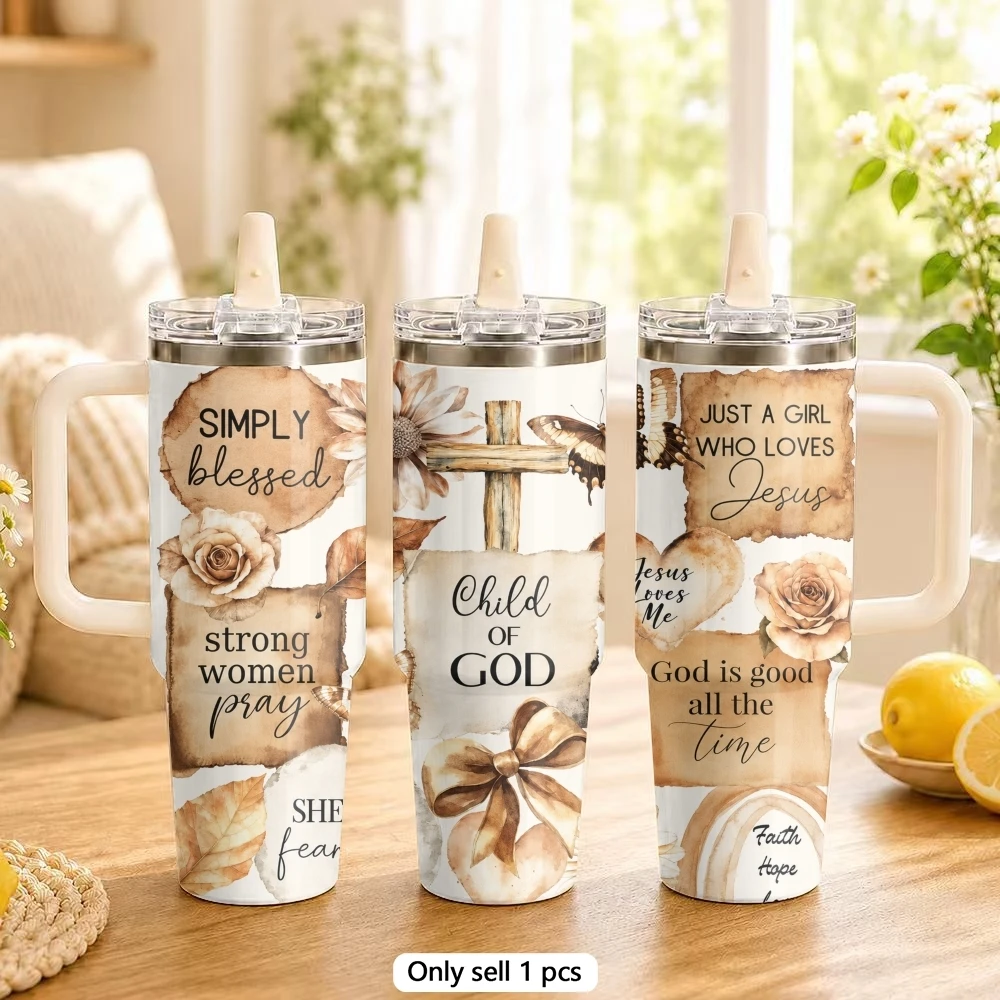 The Power of God Vacuum Flasks 40oz Stainless Steel Tumbler with Handle Straw Lid Vacuum Insulated Double Wall Leak Proof