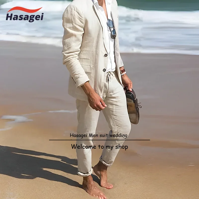 Beige Linen Men Suit Set Summer Groom Groomsmen Wedding Beach Tuxedo Fashion Casual Blazer Pants 2Pcs