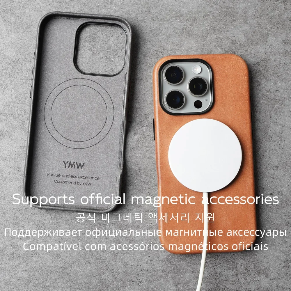 YMW Waxed Genuine Leather Case for iPhone 16 Pro Max 15 14 Magnetic Vegetable Tanned Cowhide Phone Cover