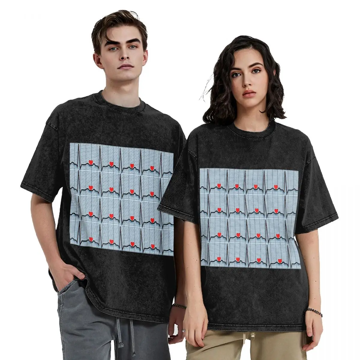 EKG Cardiac Rhythm Strips Hip Hop Short Sleeve T-Shirts Washed Tops Tees Streetwear T Shirt Printed for Men woman