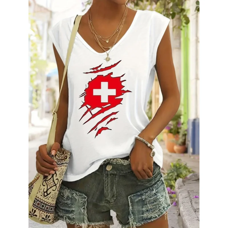 

Summer Fashion Trend High-Quality Solid Color Printed Pattern Short Sleeve Top