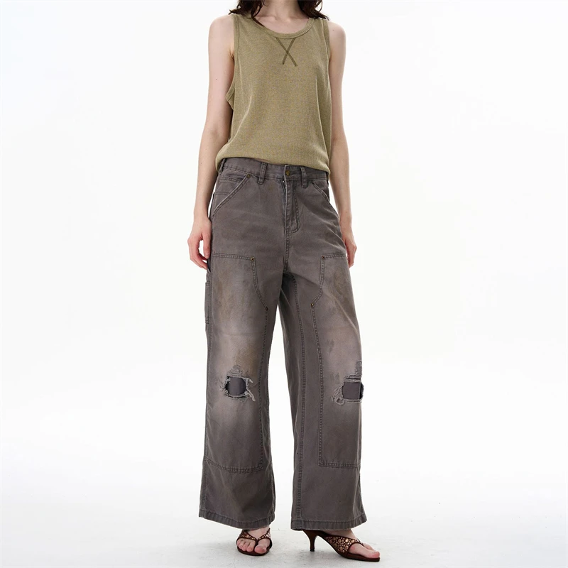 

Summer New Women's Vintage Ripped Denim Jeans Y2K Cotton Loose Wide Leg Straight Pants Casual Versatile Floor-Length Trousers