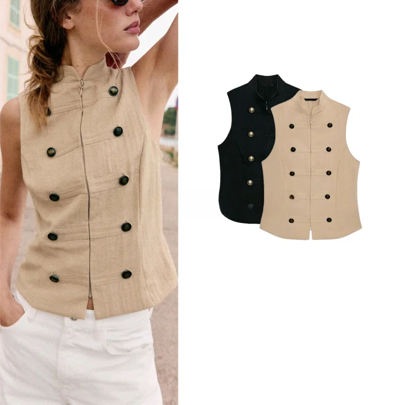 

Summer New Women's Zipper High Collar Sleeveless Casual Fake Button Decoration Short Shirt Polyester Fiber Slim Fit Casual Style