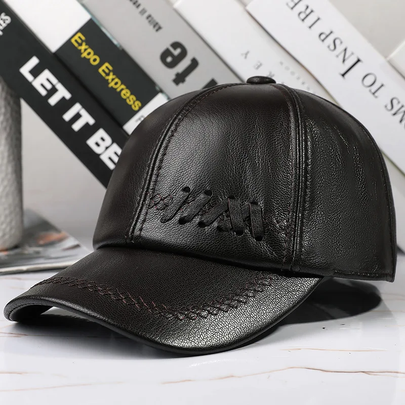 

X7053 Adult Genuine Leather Hat Sheepskin Cap Adult Outdoor Glof Cap Peaked Dome Hats Male Letters Adjustable