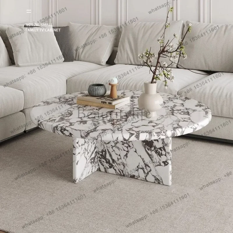 FG10French Cream Style Natural Marble Coffee Table, Oval Round Italian Lacquered Top & Stainless Steel Frame, Heat-Resistant