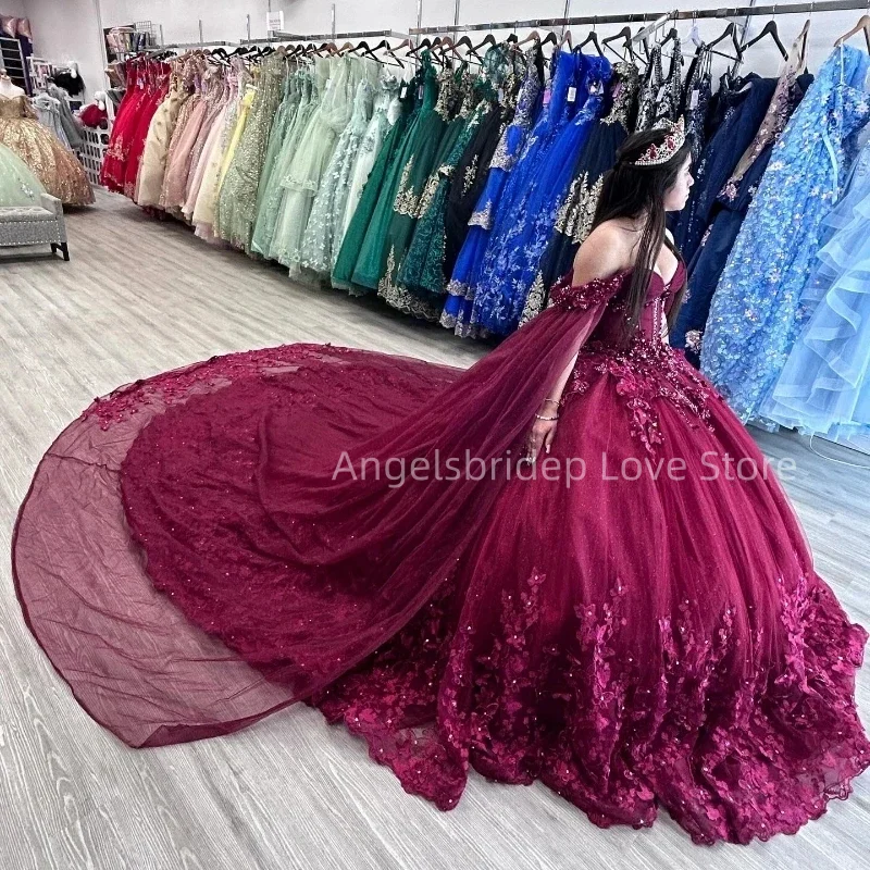 Angelsbridep индивидуальное бордовое бальное платье Quinceanera платья накидка с бисером 3D флора платье для дня рождения Vestido De 15 Años