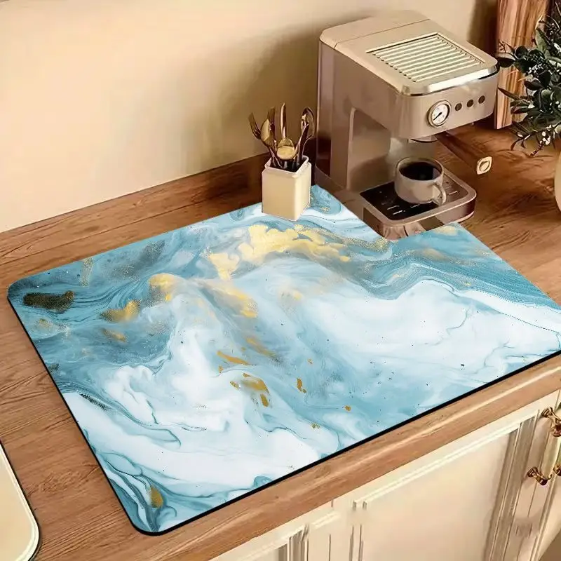 VIKAMA Cyan Gold Swirl Marble Bar Mat Waterproof Super Absorbent Non Slip Home Coffee Counter Decor Pad