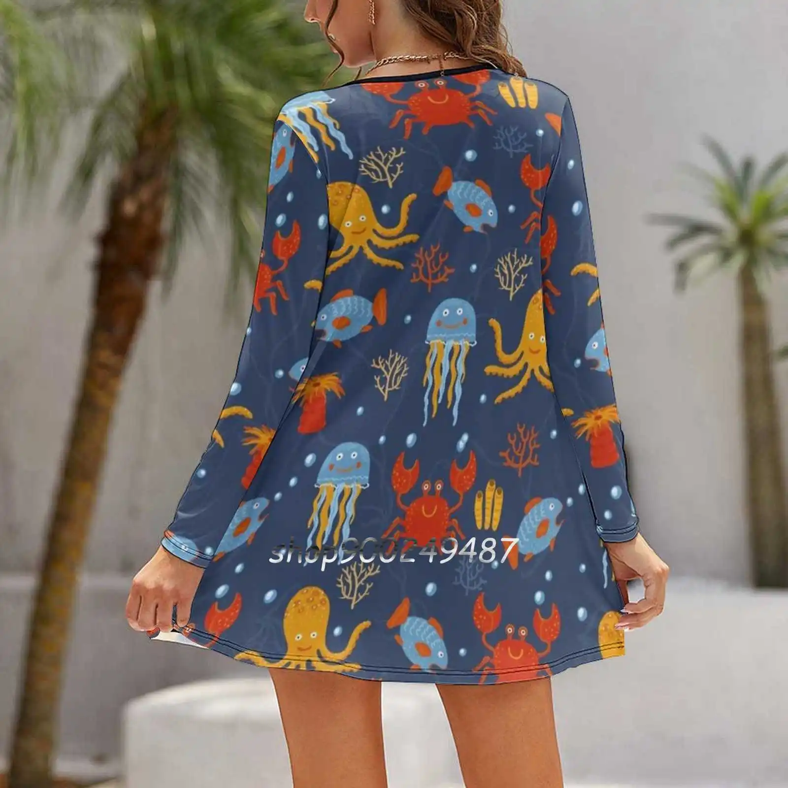 Under The Sea Elegant Party Women Dress Slim V Neck Long Sleeve Dress Casual Dresses Cute Baby Fun Red Vector Yellow Deep