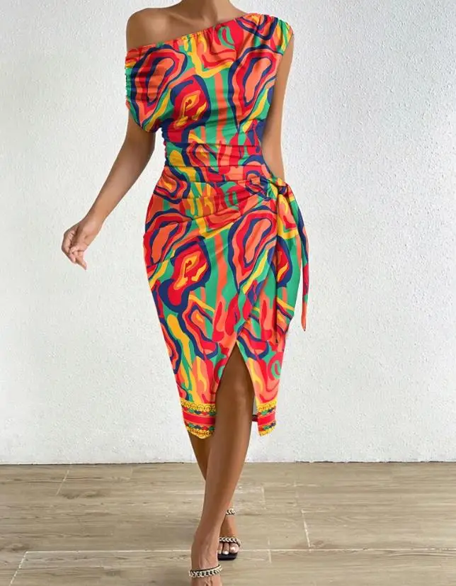 

Womens Dresses 2023 Summer Fashion Multi-Color Abstract Print Tied Detail Skew Neck Short Sleeve Sexy Slit Party Wrap Dress