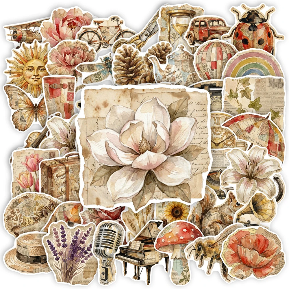 10/30/50pcs Retro Object Flower Aesthetic Stickers Plant Animal Cartoon Sticker DIY Scrapbook Luggage Phone Graffiti Decals Pack