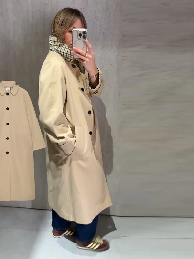 Casual Loose Long Plaid Coat Women Chic Full Sleeve Double Breasted Belt Lapel Coat Female 2026 Autumn Street Outwear Lady New