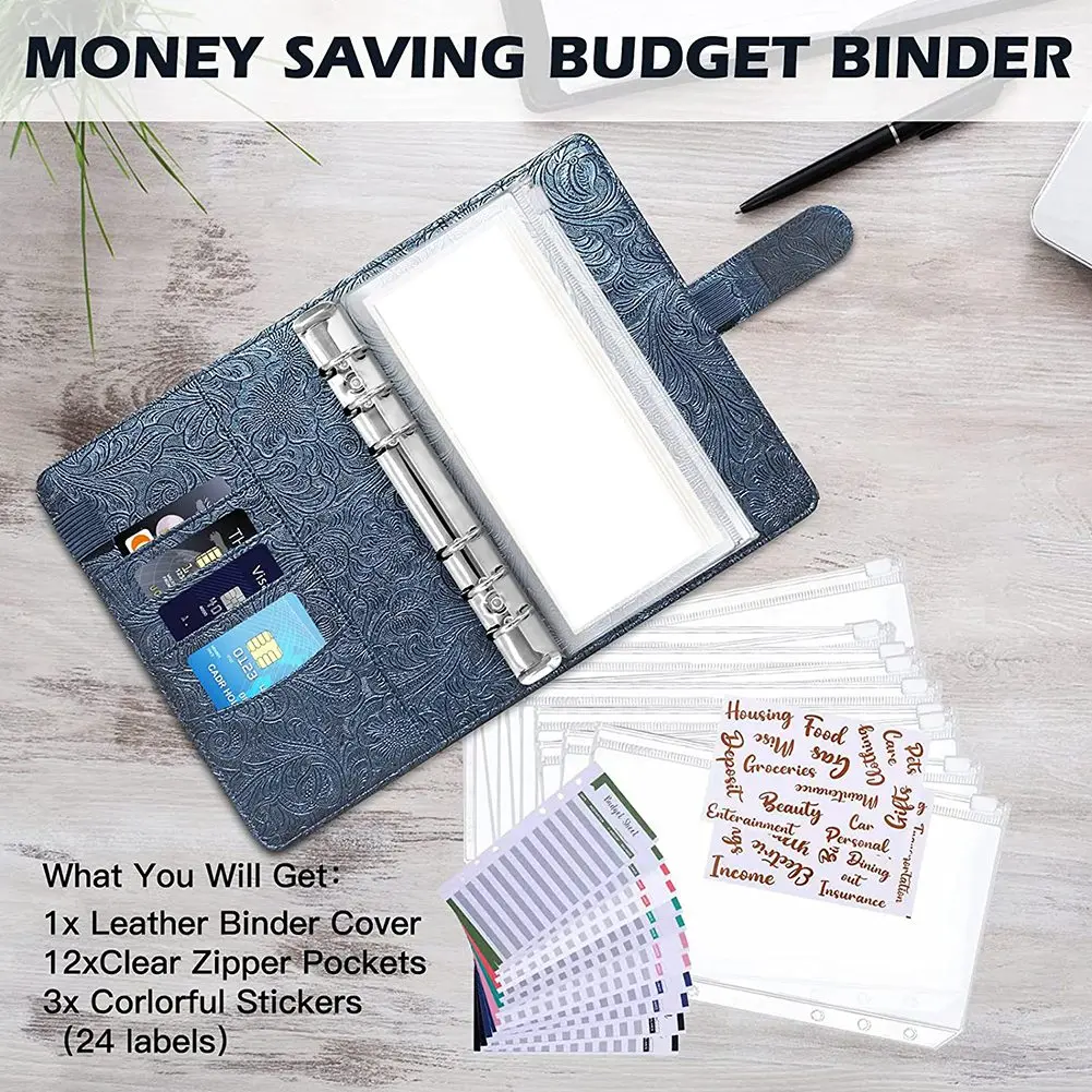 Professional Budget Binder With Zipper Envelopes,Money Saving Cash Envelope With 8 Clear Pockets,6-Ring Binder With 2 Label Stic