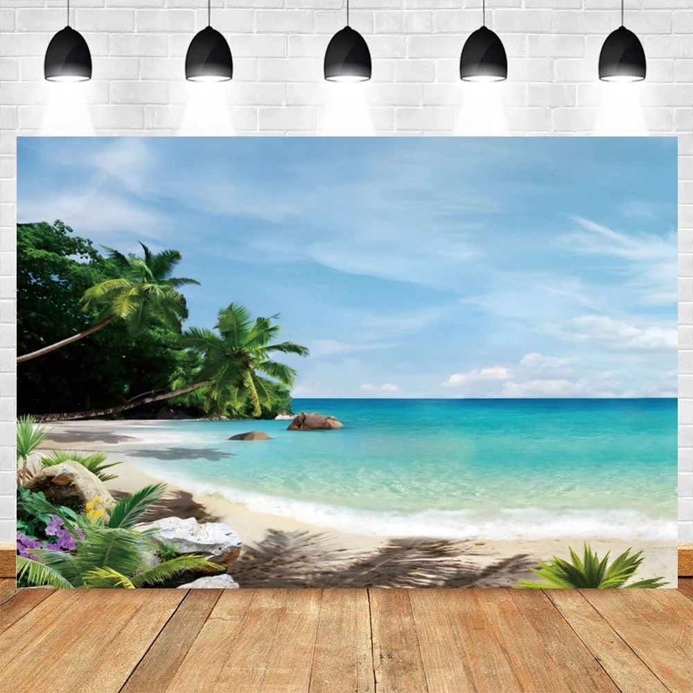 Summer Beach Seaside Backdrop for Photography Blue Ocean Hawaii Tropical Palm Tree Baby Birthday Holiday Party Photo Background