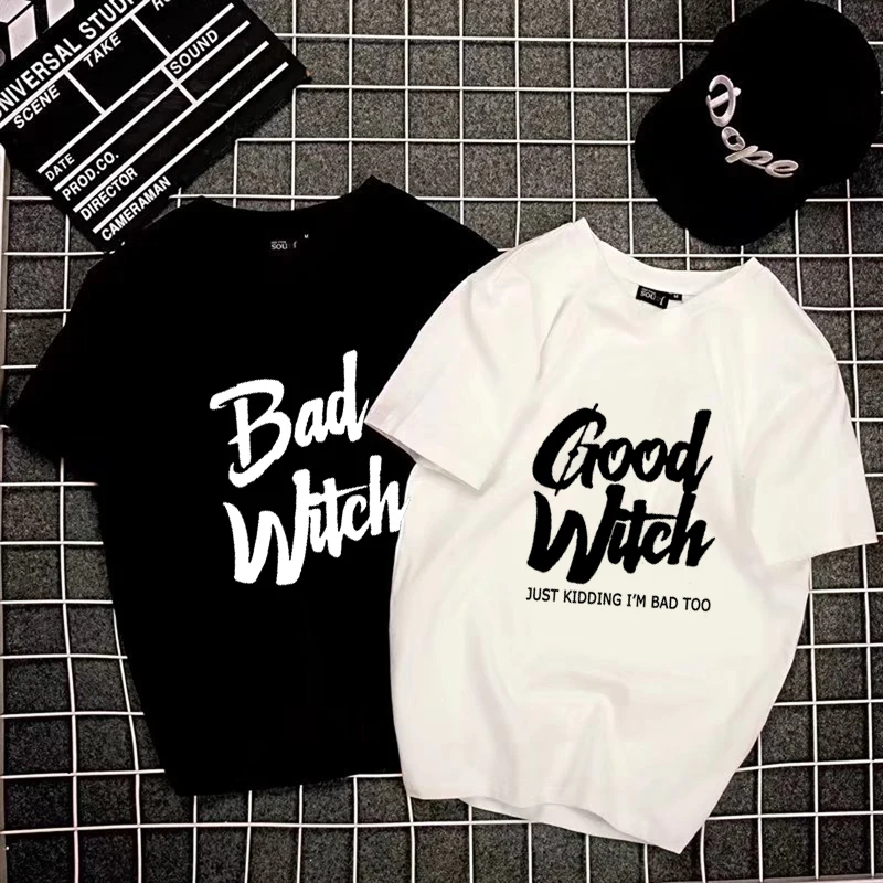 Couple T-shirt BAD WITCH GOOD  Letter Printed Top Tee Shirt Femme Female Best Friends Sister  Tops Tees