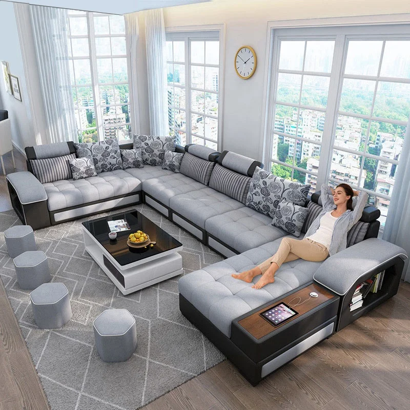 New Arrival Modern Multifunction Adjustable U Shape 7 Seater Corner Sectional Fabric Usb Charging Sofa for Living Room Furniture