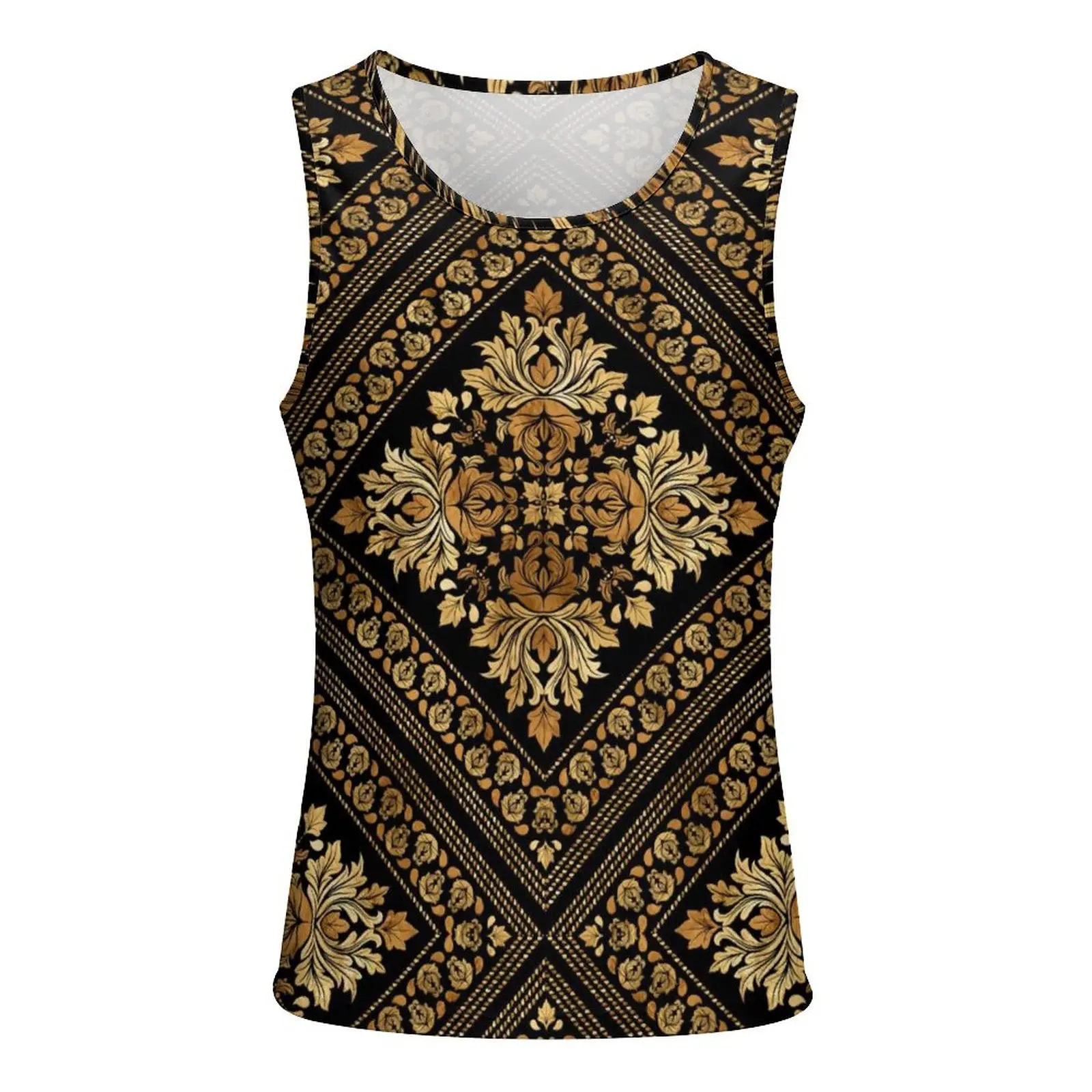 Gold Baroque Tank Top Mens Oriental Vintage Damask Trendy Tops Summer Workout Graphic Sleeveless Vests Large Size 4XL 5XL