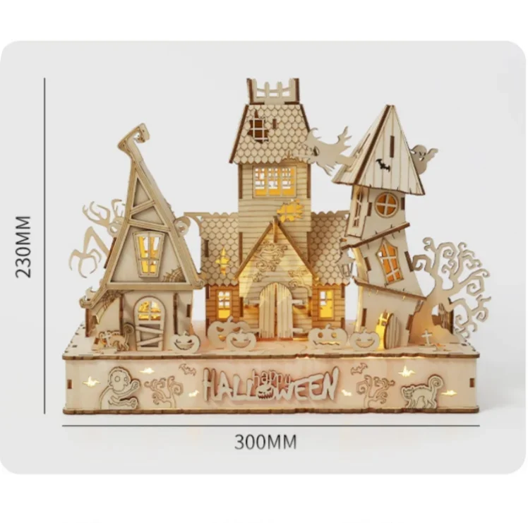 3D Puzzle Wooden Halloween Haunted House Ghost Tree Light DIY Building Model Kit Craft Toys For Kids Gift