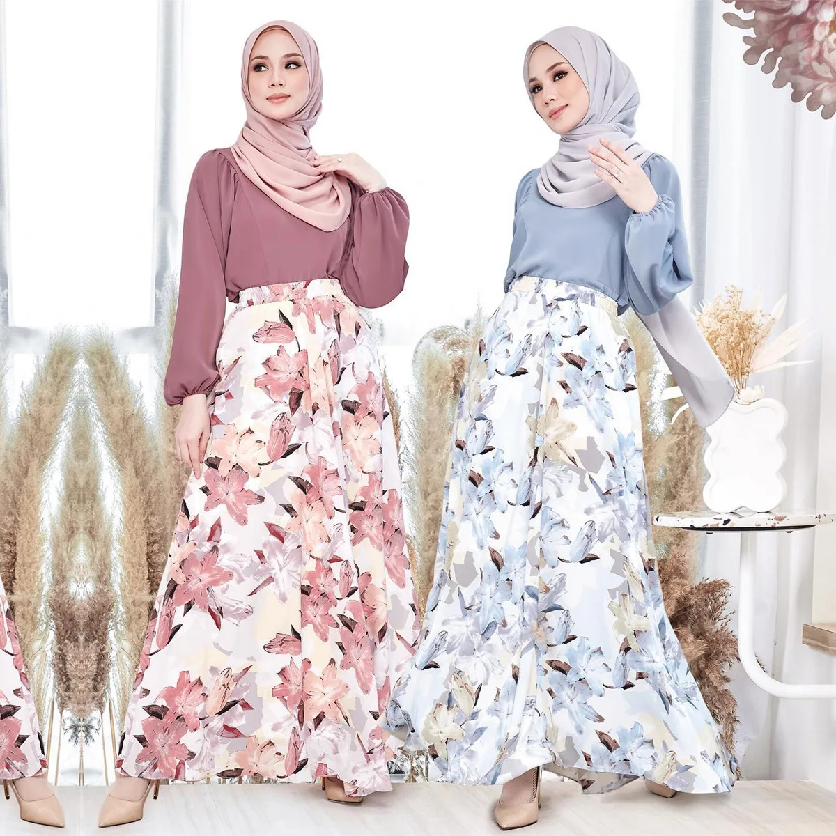 Eid Muslim for Women Party Long Skirt Flower Print Dress Jalabiya Ramadan Morocco Dubai Saudi Arabic Skirts Turkish Islam Modest