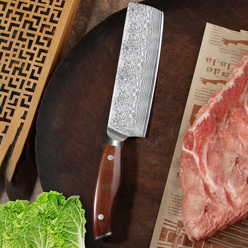 

7 Inch Nakiri Knife 67 Layers Damascus Steel Blade Wood Handle Chef Cleaver Slicing Kitchen Knives For Cutting Vegetables Meat