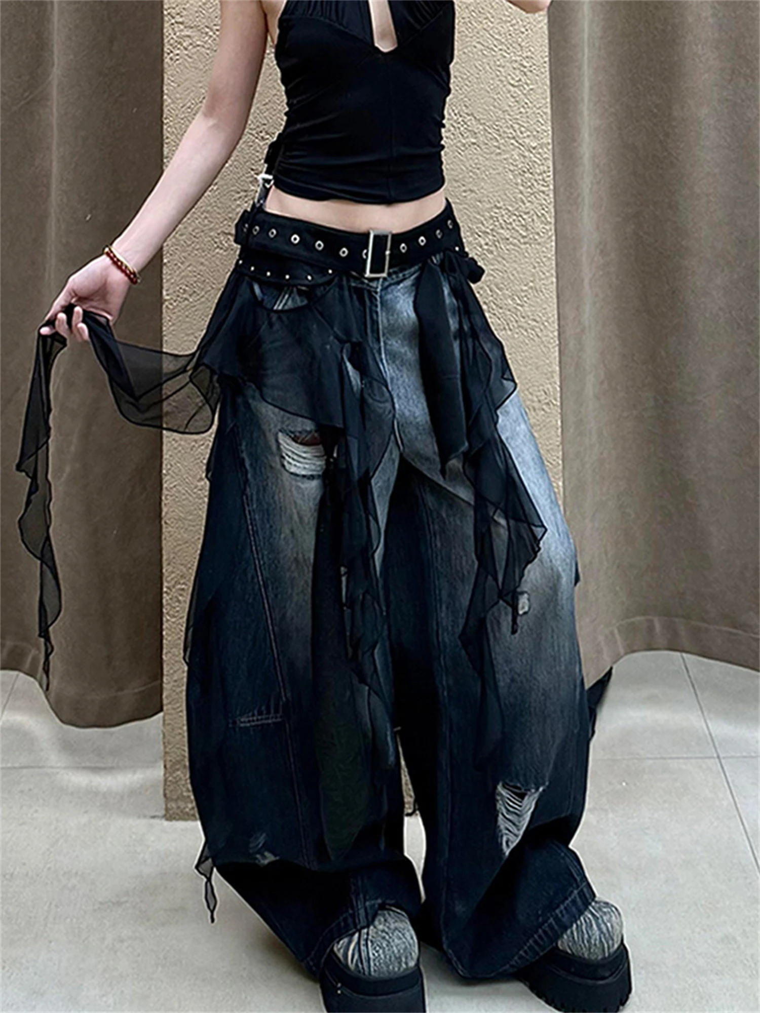Women's High Waist Wide Leg Washed Denim Jeans Distressed Patchwork Gothic Y2K Streetwear Loose Trousers