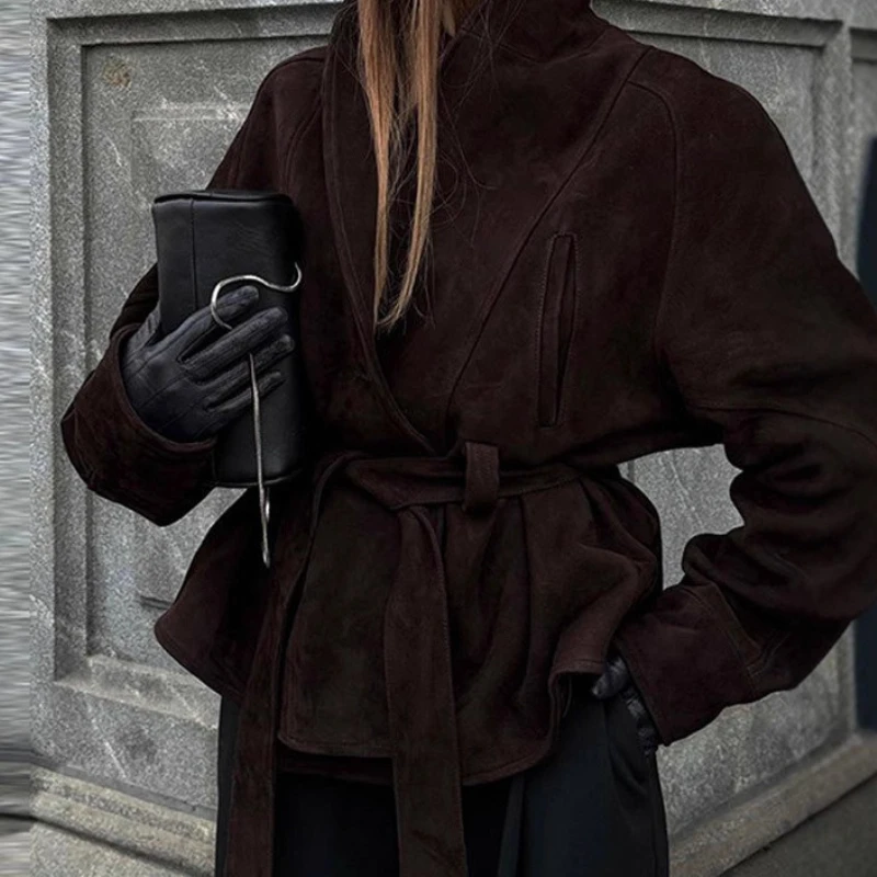 Vintage jacket jacket 2025 women's clothing personality street style lapel waist buckle jacket