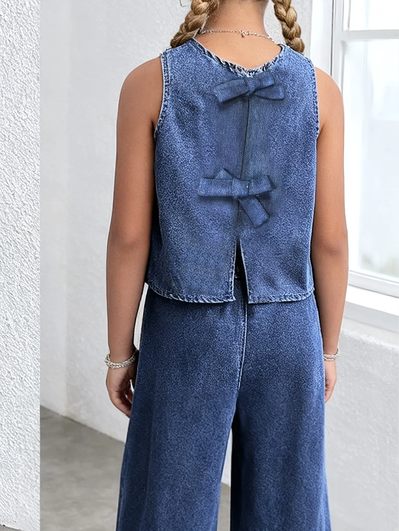 Breathable Kids Girls Two Piece Denim Suit, Round Neck Raw Fringe Sleeveless Crop Top 2 Bow Split Back & High Waist Flowy Wide L